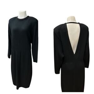 Vintage St. John Black Knit Sweater Dress Long Sleeve Open Deep V Back / Large